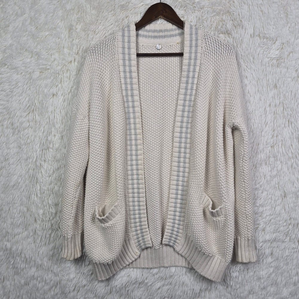 Margaret O'Leary Womens Large Cream Grey Striped Open Front Chunky Knit Cardigan